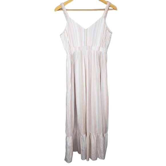 Loft Beach Cotton Linen Blend Striped Midi Dress Neutral Elasticized Waist XXS - Picture 4 of 8